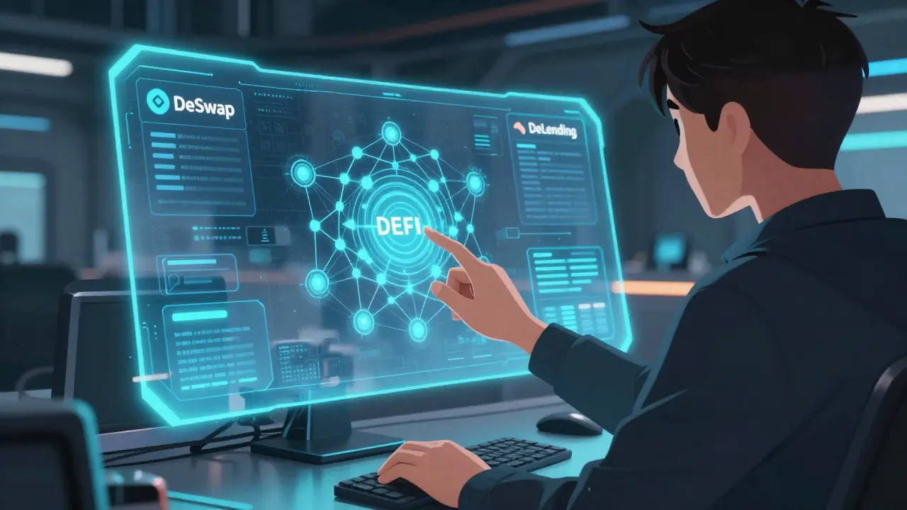 Personaje operando interfaces holográficas de DeFi en un centro tecnológico.