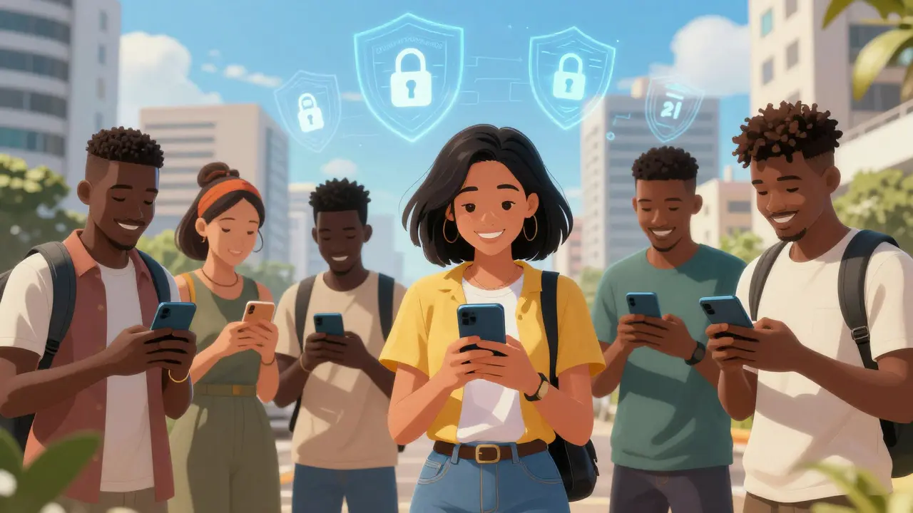 Personas usando billeteras digitales seguras en un entorno urbano moderno estilo anime.