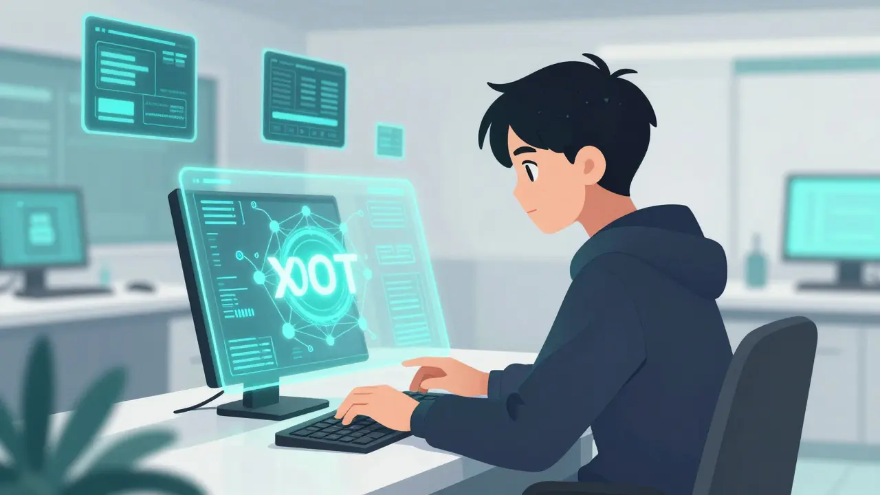 Protagonista de anime interactuando con una interfaz holográfica de xDOT en un centro tecnológico.