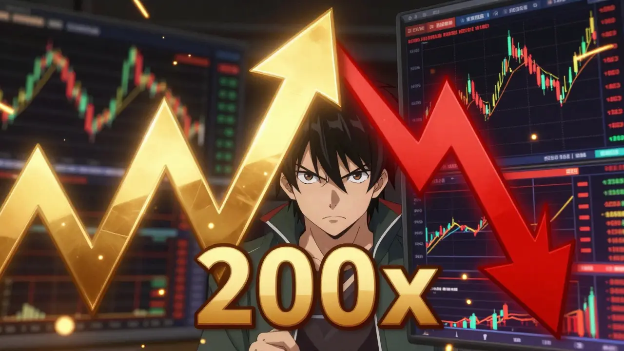 Representación anime de la intensidad y el riesgo del apalancamiento 200x en el trading.