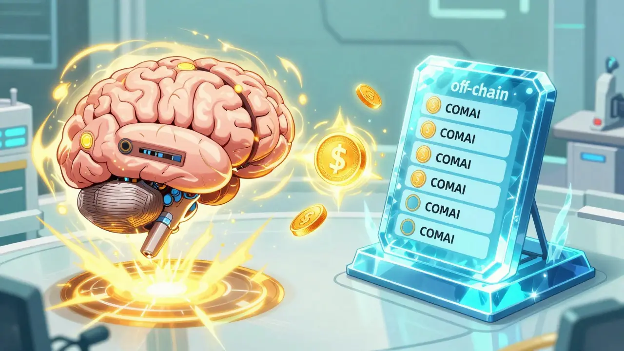 Representación de computación de IA off-chain y blockchain con tokens COMAI.