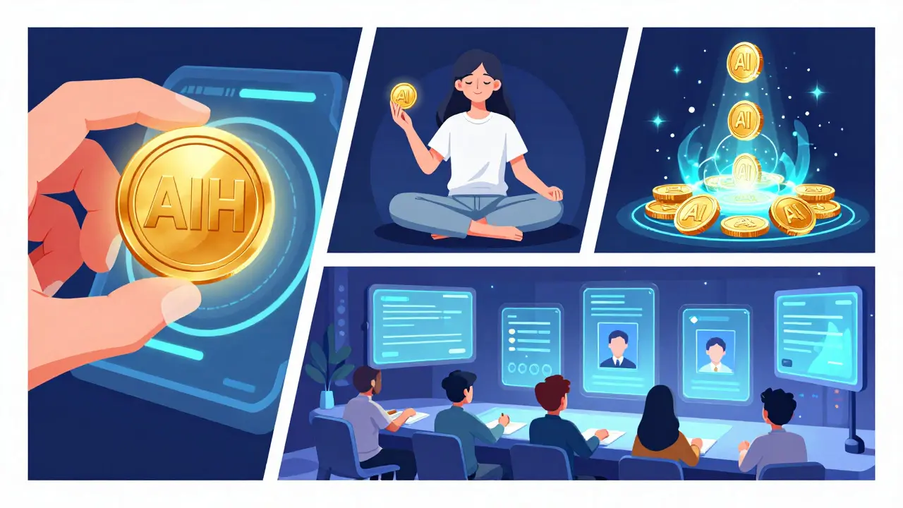 Uso del token AIH para acceso premium, staking y gobernanza en estilo anime.