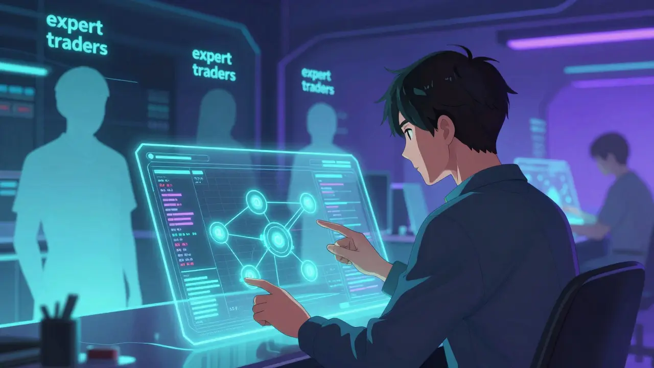 Usuario interactuando con una interfaz de copy-trading futurista y profesional.