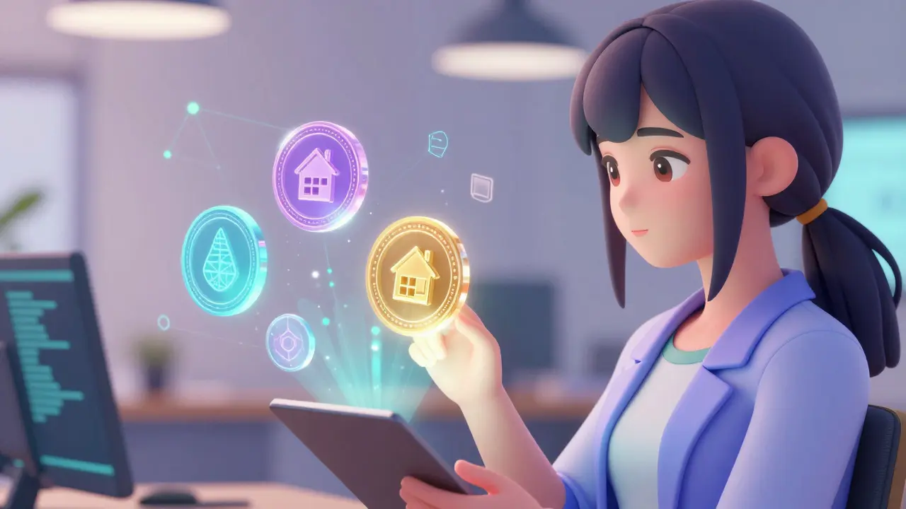 Analista interactuando con tokens digitales flotantes que representan activos físicos en una oficina moderna