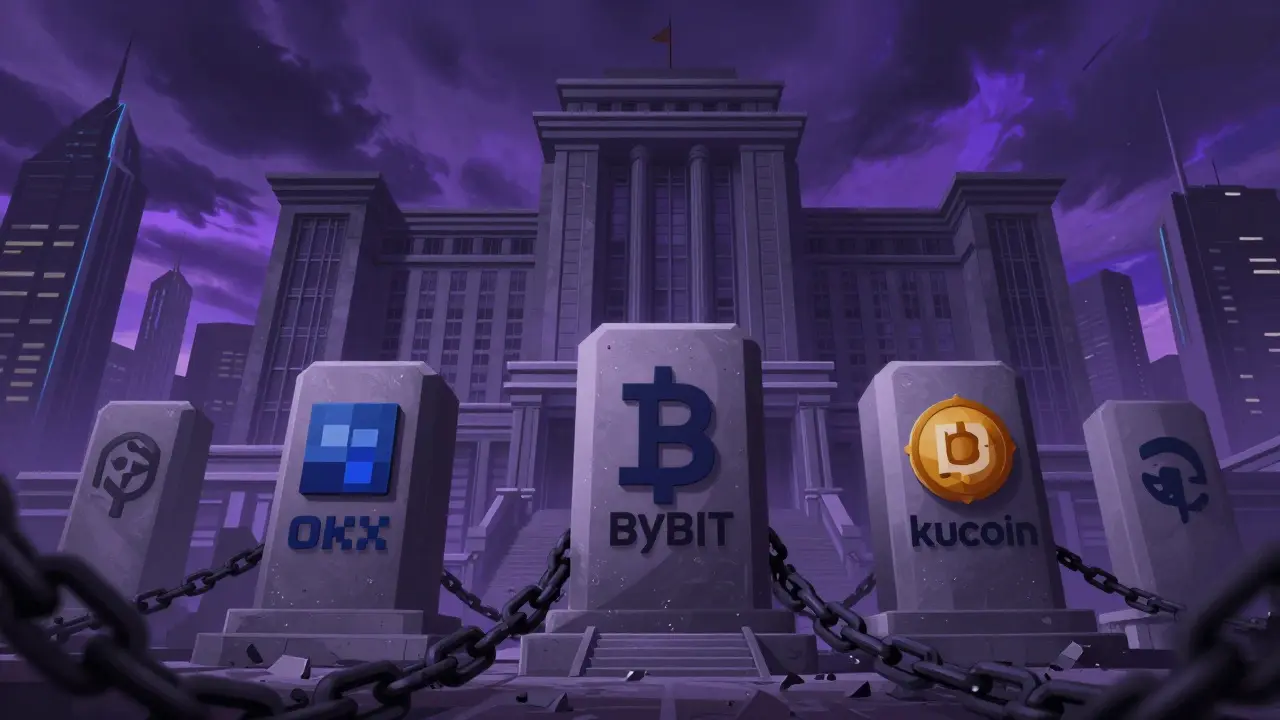 Arte anime conceptual de fortalezas regulatorias bloqueando plataformas de criptomonedas globales