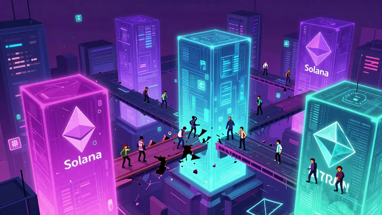 Ciudad cyberpunk con muros que aíslan diferentes redes de blockchain
