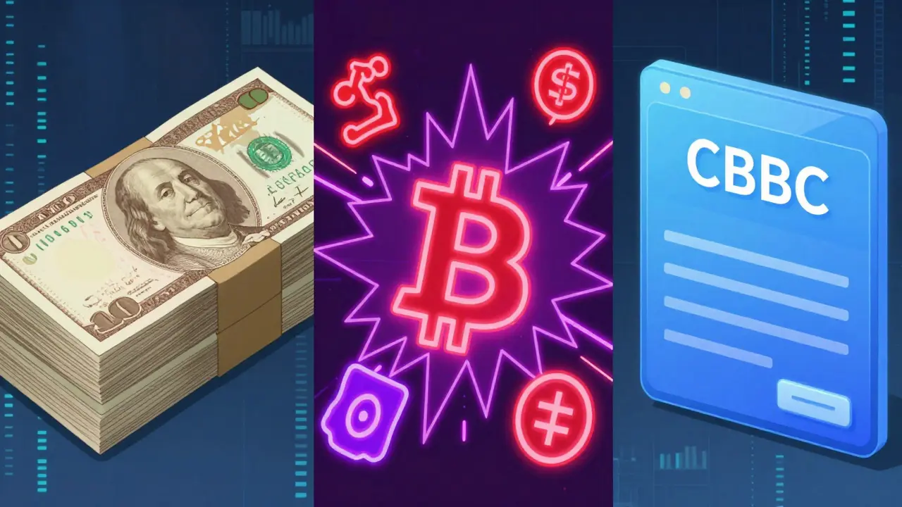Comparación visual entre efectivo físico, criptomonedas y monedas digitales de bancos centrales