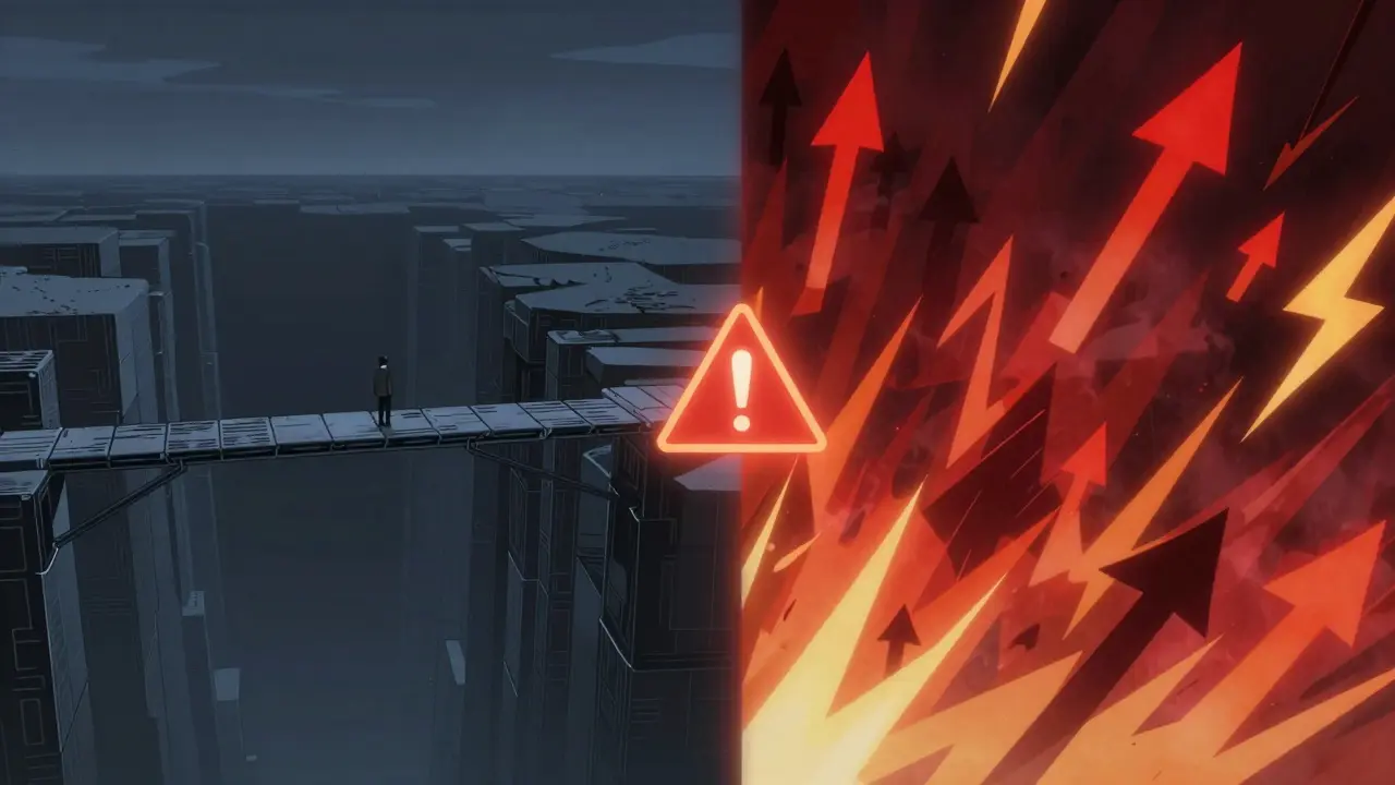 Escena dramática en estilo anime que simboliza los altos riesgos financieros y la volatilidad del mercado.