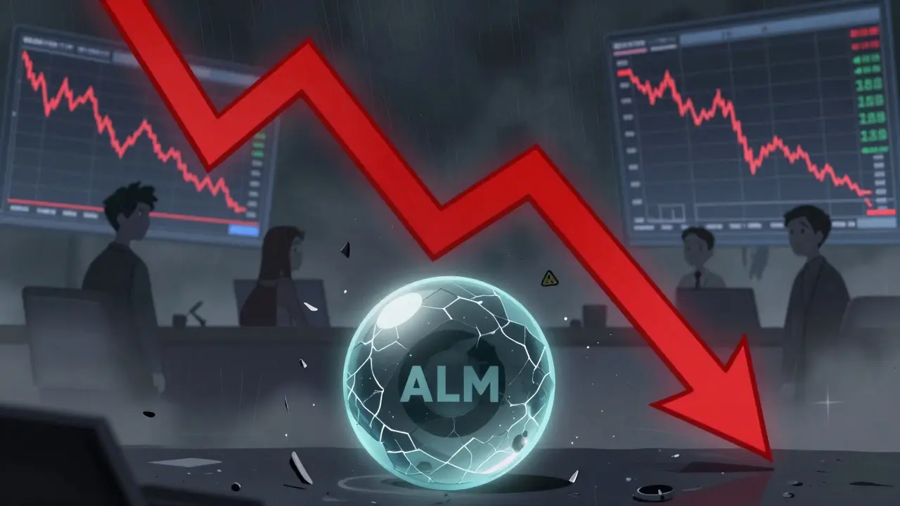 Gráfico bajista del token ALM con indicadores técnicos rojos