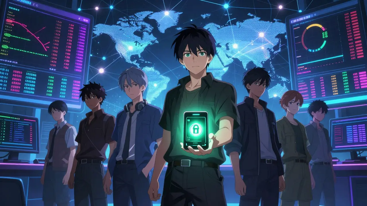 Grupo de personajes anime verificando datos de seguridad en pantallas digitales