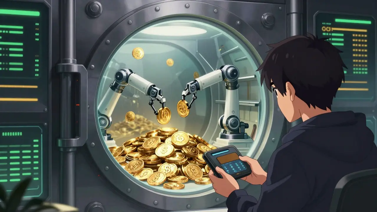 Ilustración anime de bóvedas automatizadas generando interés compuesto