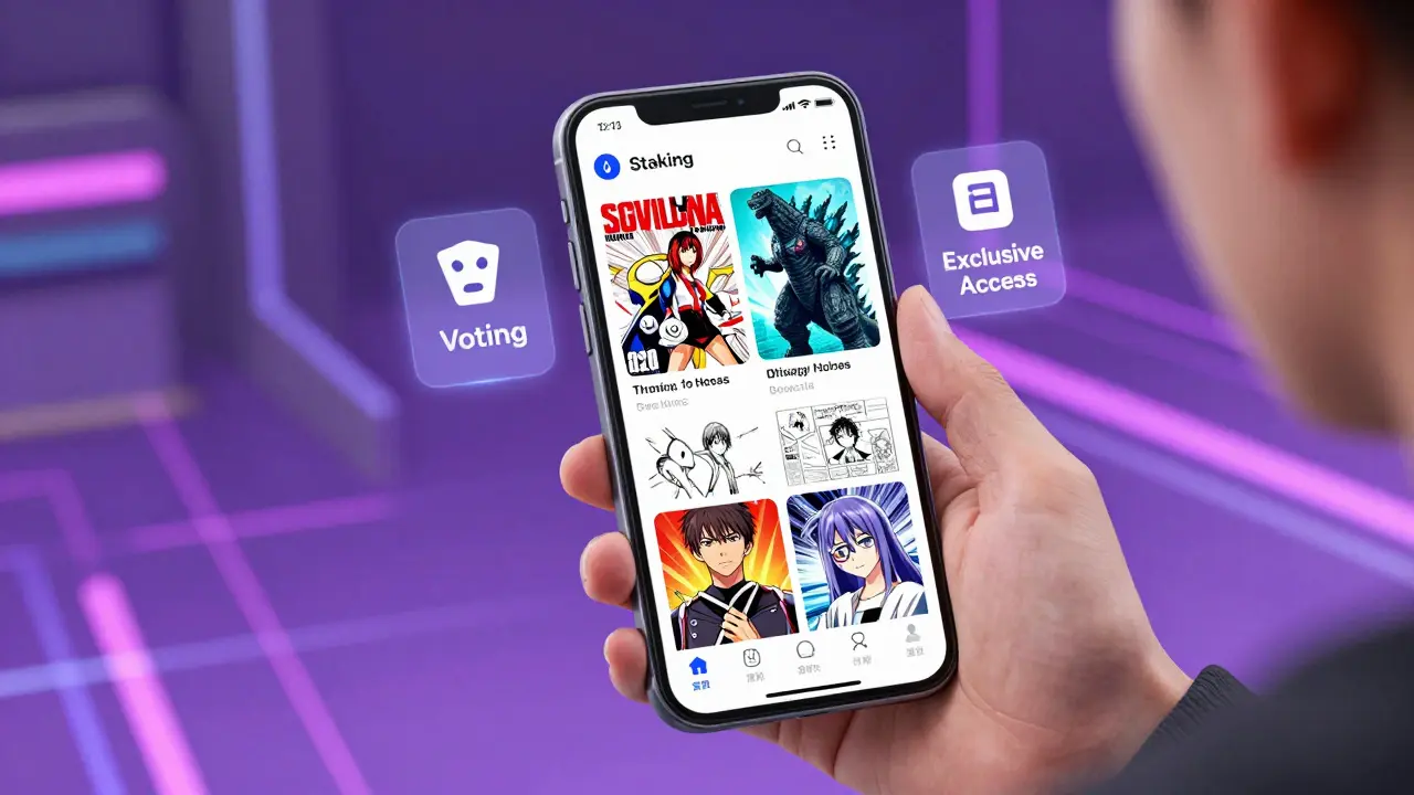 Interfaz digital futurista mostrando acceso exclusivo a capítulos de manga y arte NFT en estilo anime.