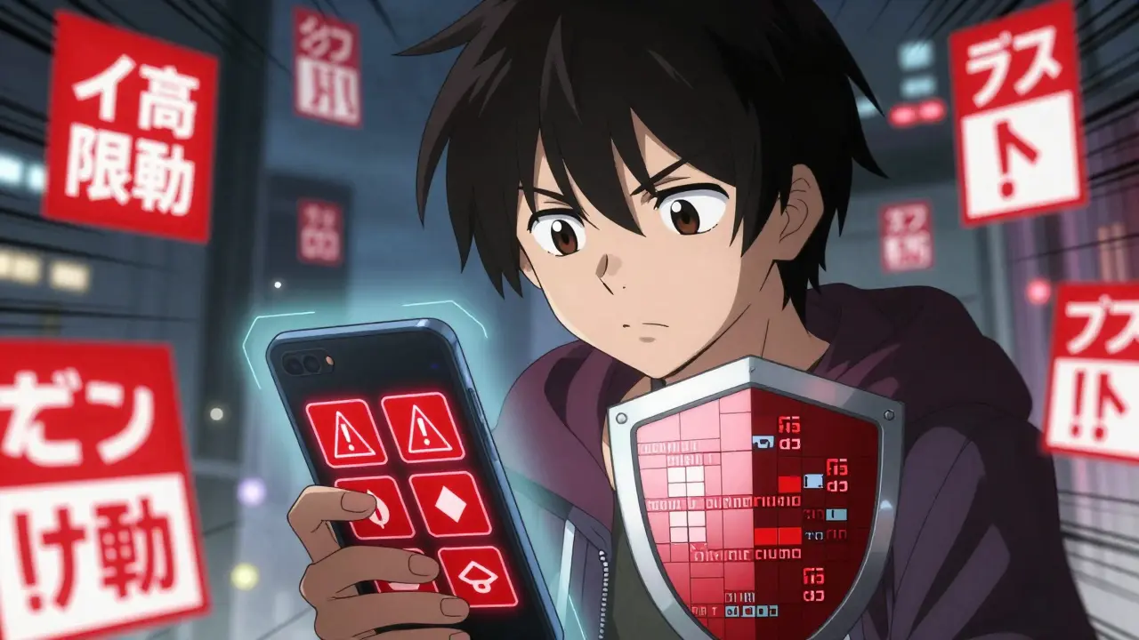 Joven en estilo anime protegiendo su billetera contra advertencias de estafa en pantalla holográfica
