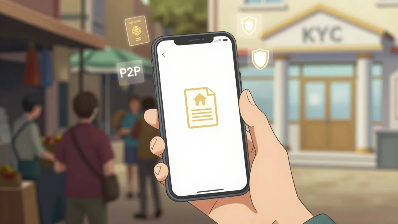 Mano sosteniendo un teléfono con íconos de verificación KYC, contrastando mercados informales y regulados.