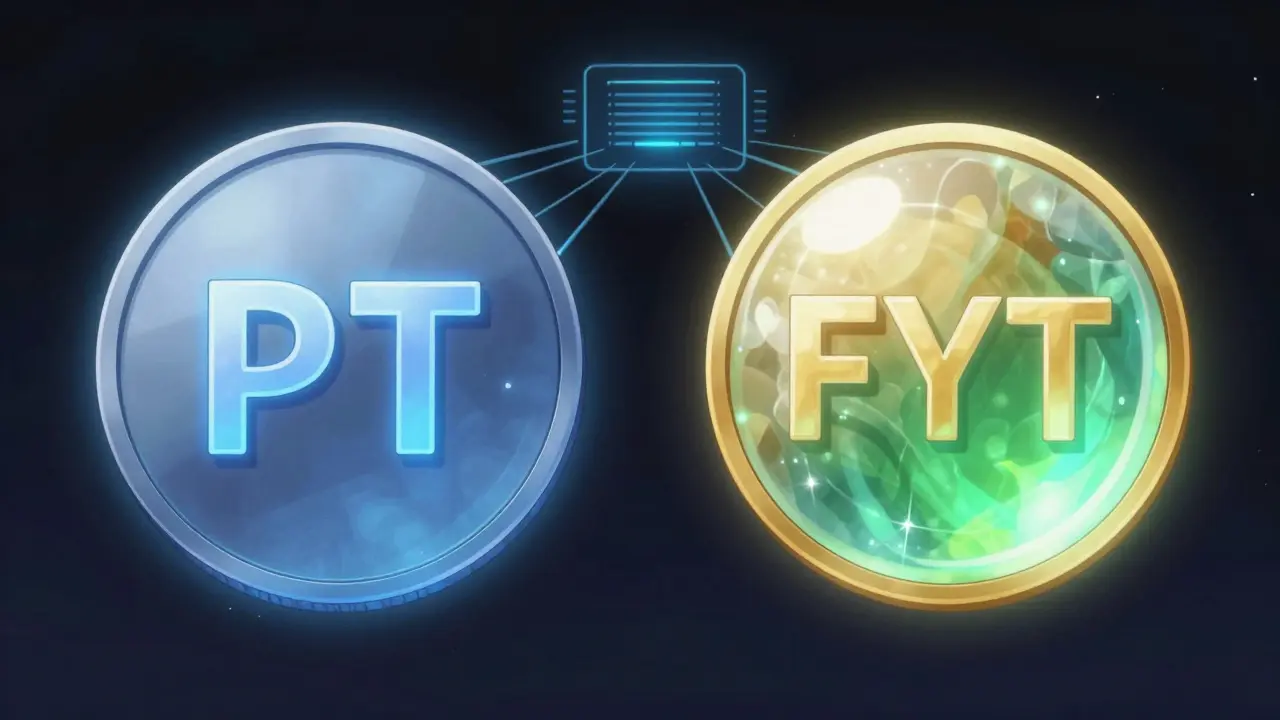 Monedas PT y FYT flotando con brillos distintos simbolizando capital e intereses futuros
