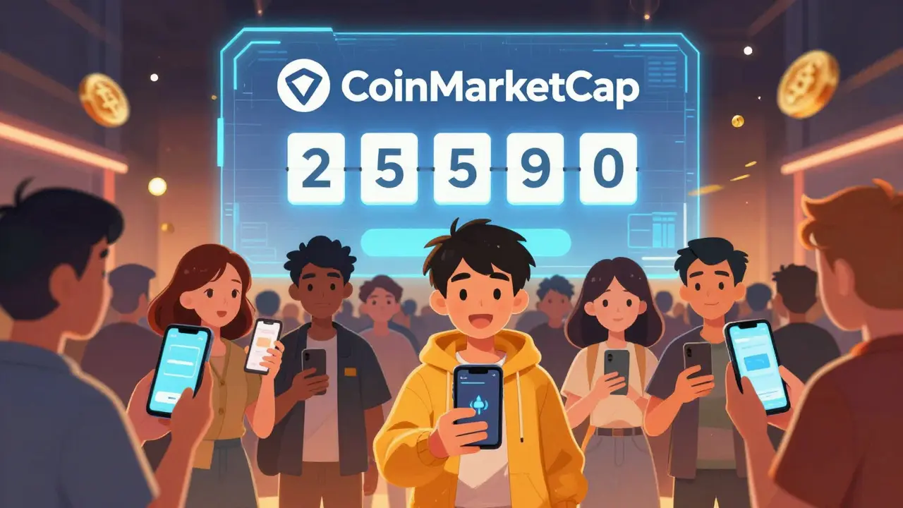 Multitud animada en una plataforma de criptomonedas reclamando recompensas digitales