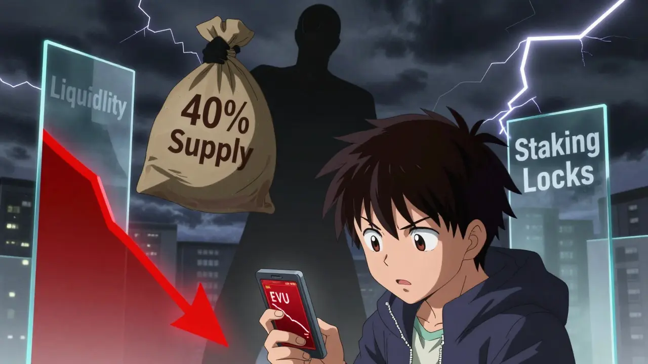 Personaje anime preocupado por la volatilidad y riesgos del token EVU