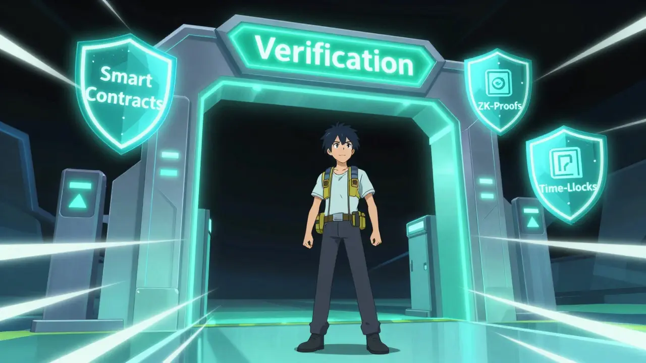 Personaje anime protegiendo su billetera con escudos de seguridad blockchain futurista