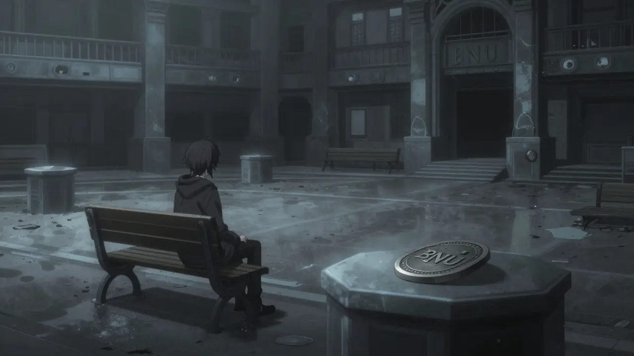 Personaje solitario en una plaza virtual abandonada con un token gris apagado