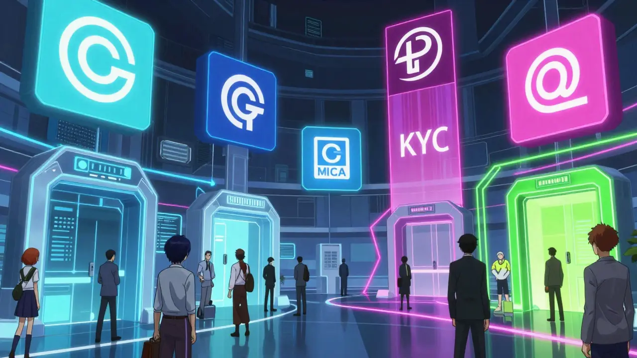 Personajes anime interactúan con estructuras corporativas flotantes que representan el acceso desigual a exchanges.
