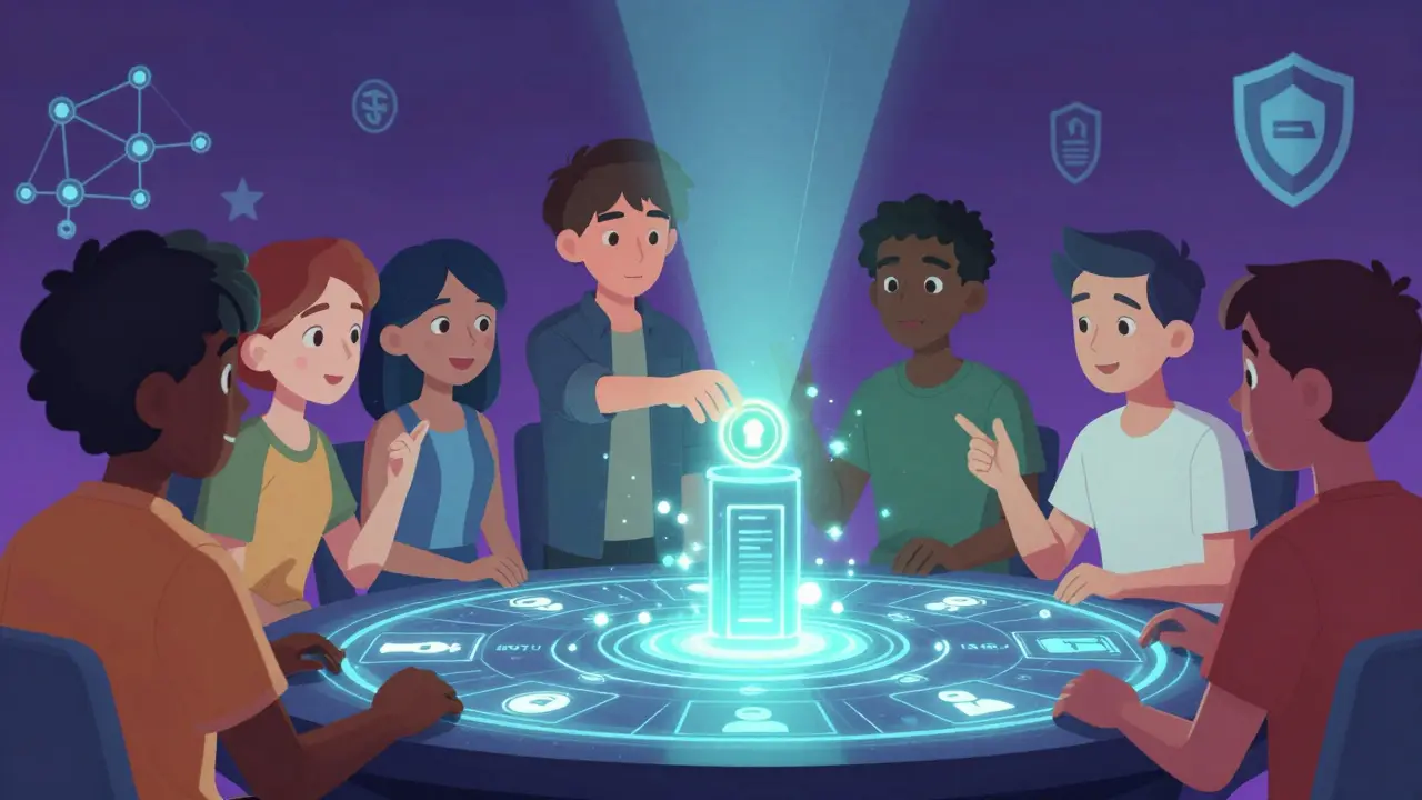 Personajes anime votando y recibiendo dividendos en una plataforma DeFi