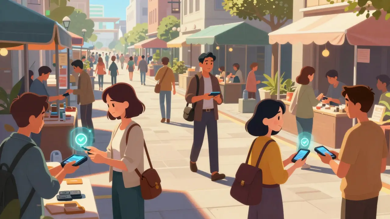 Personas usando pagos digitales en una calle urbana futurista y vibrante