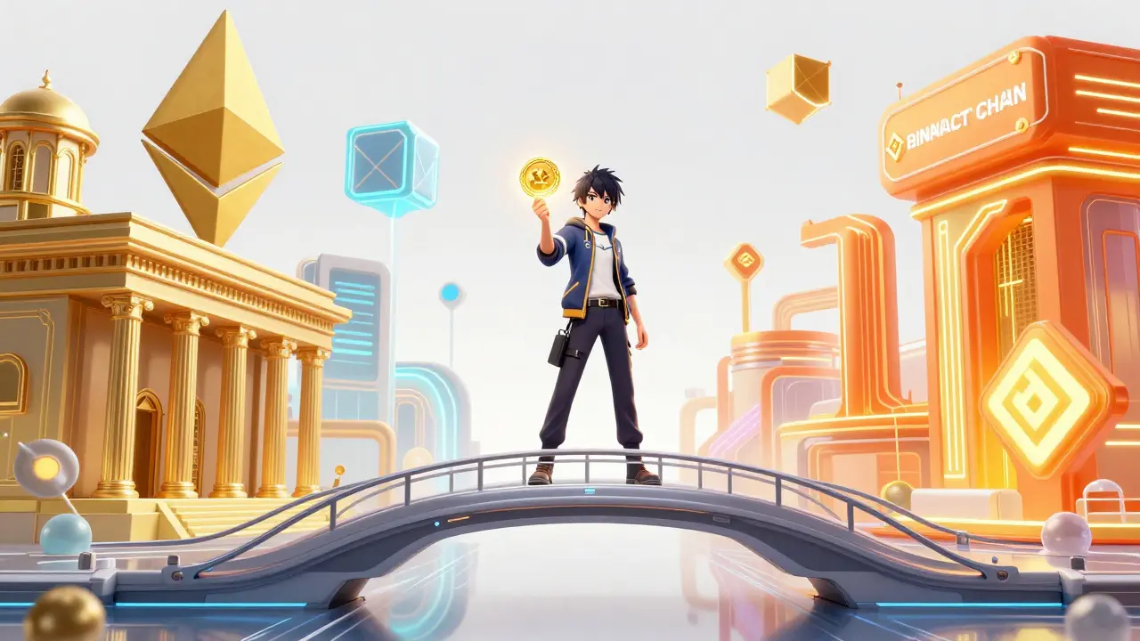 Puente digital futurista conectando redes blockchain con un personaje sosteniendo el token FLTY.