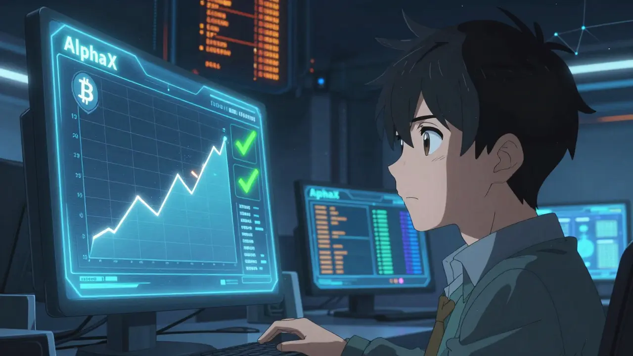 Trader analizando predicciones de AlphaX en una interfaz holográfica futurista