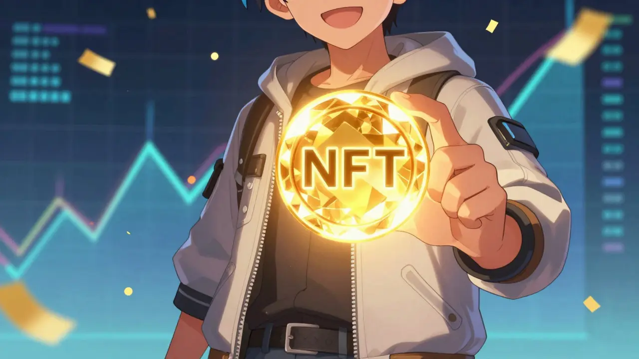 Usuario anime celebrando con un brillante token NFT dorado