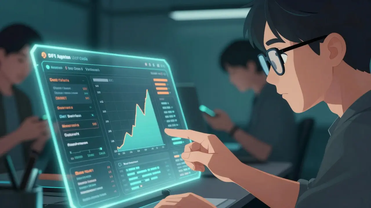 Anime interactuando con interfaz DeFi transparente mostrando valoraciones de NFTs