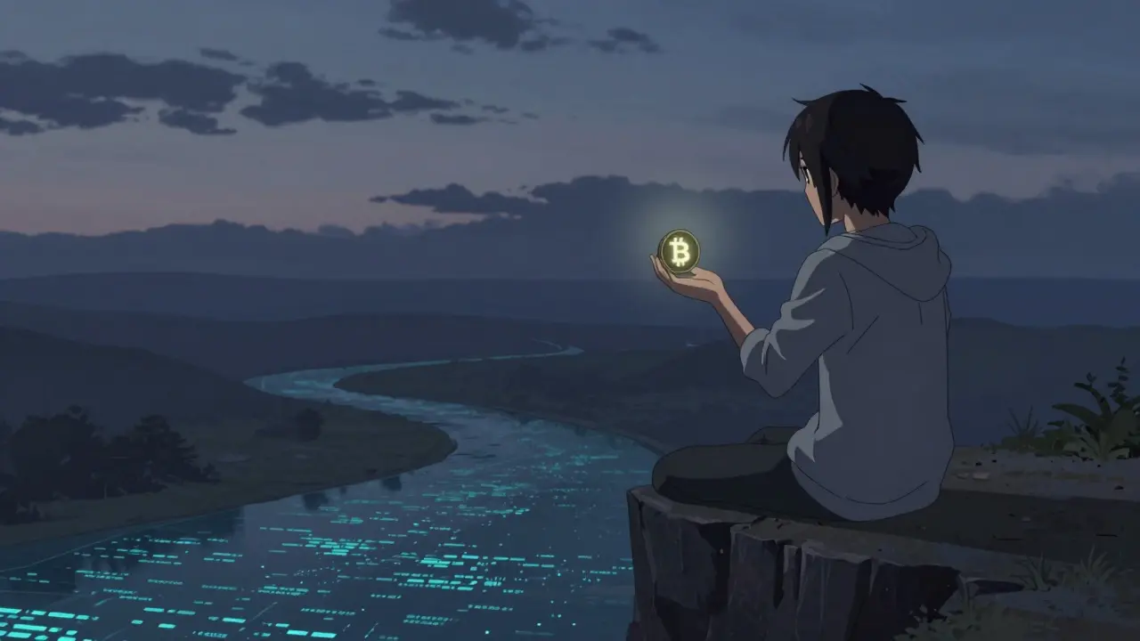 Anime melancólico sosteniendo un token BIT en paisaje digital tranquilo