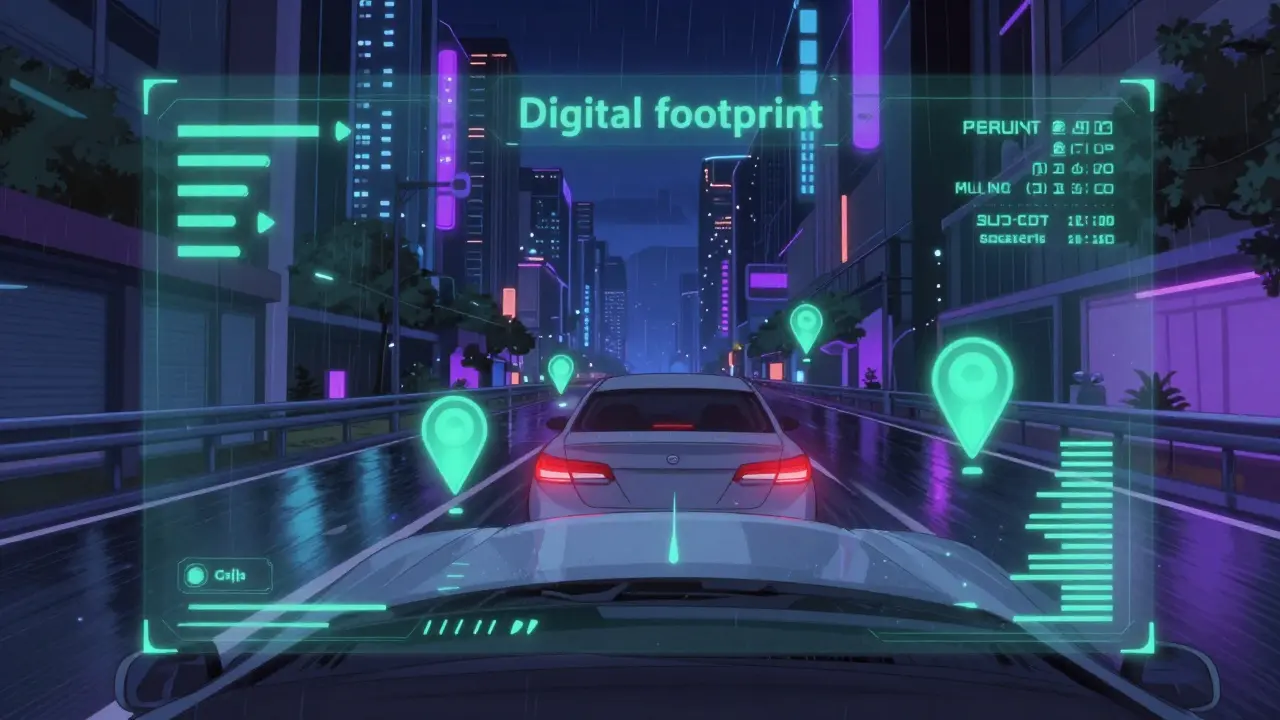 Coche conduciendo con gráficos de datos telemétricos y GPS superpuestos en estilo anime