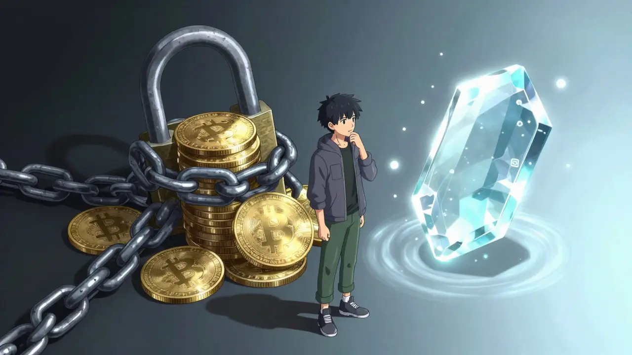Comparación anime entre bloqueo fijo y staking líquido con cadenas y cristales