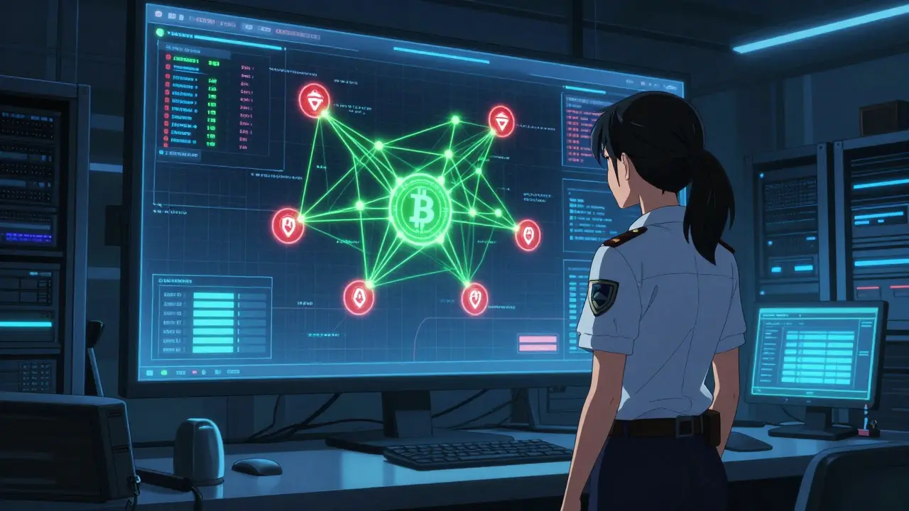 Detective analizando gráficos de blockchain y transacciones sospechosas de criptomonedas