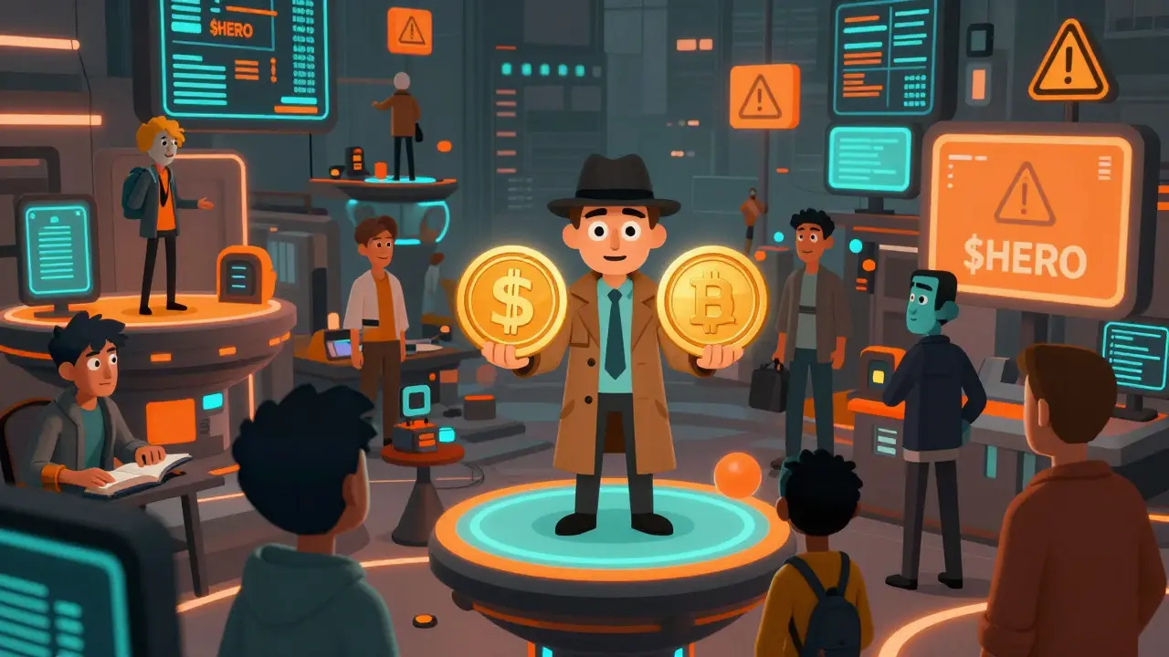 Detective analizando tokens falsos en un mercado digital caótico
