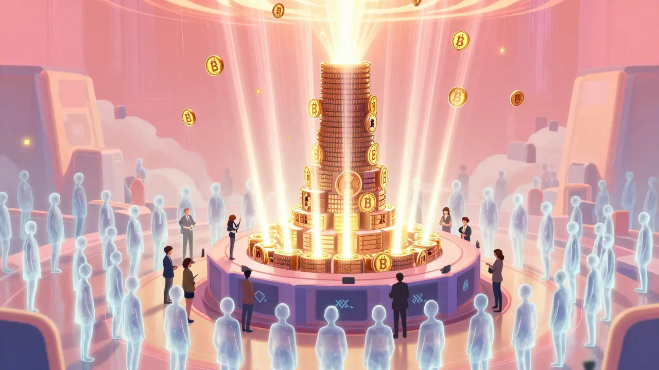 Escena anime de votación masiva con lluvia de tokens BIT dorados
