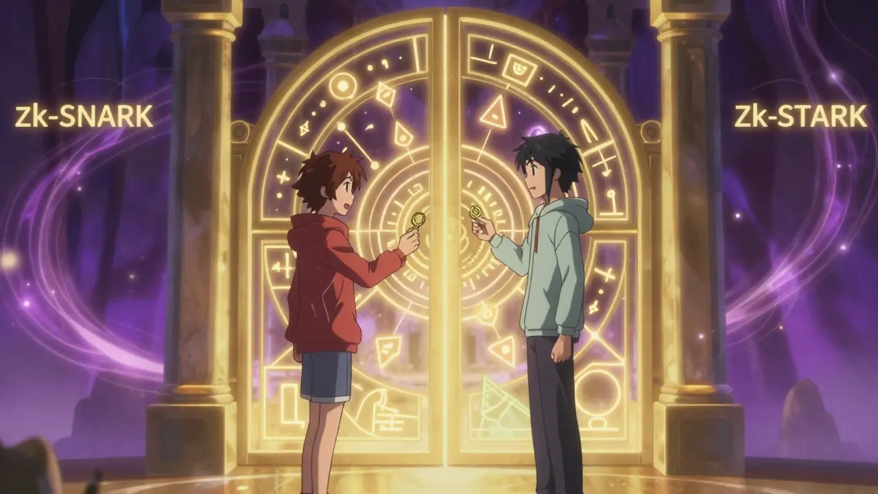 Escena anime mostrando Pruebas de Conocimiento Cero como una puerta mágica segura