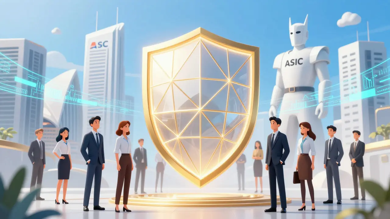 Escudo dorado de seguridad protegiendo inversores bajo la regulación financiera australiana