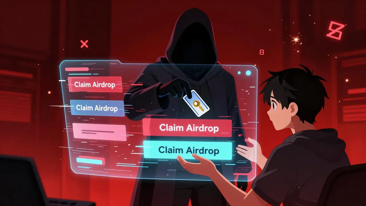 Figura oscura estafando usuario anime mediante pantalla holográfica falsa