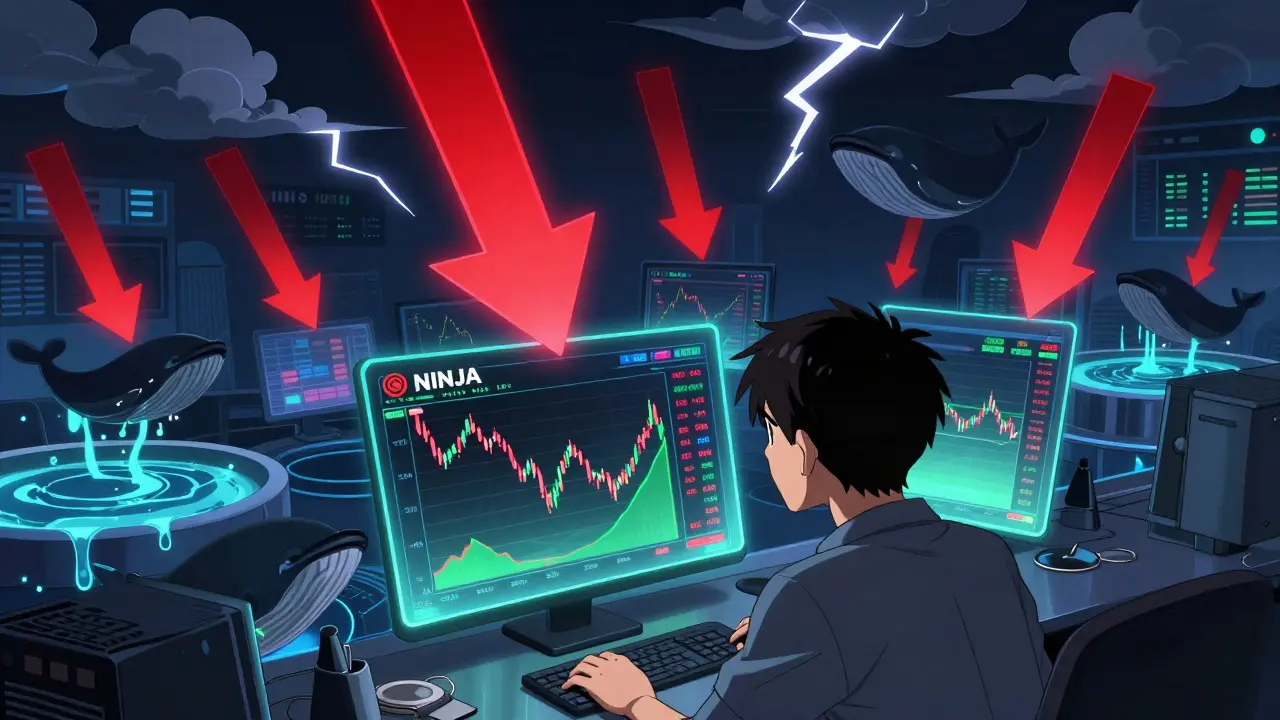 Gráficos de precios volátiles y nubes oscuras representan el riesgo financiero del token