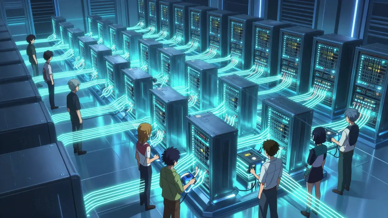 Granja de servidores futurista conectada por redes brillantes simbolizando pools