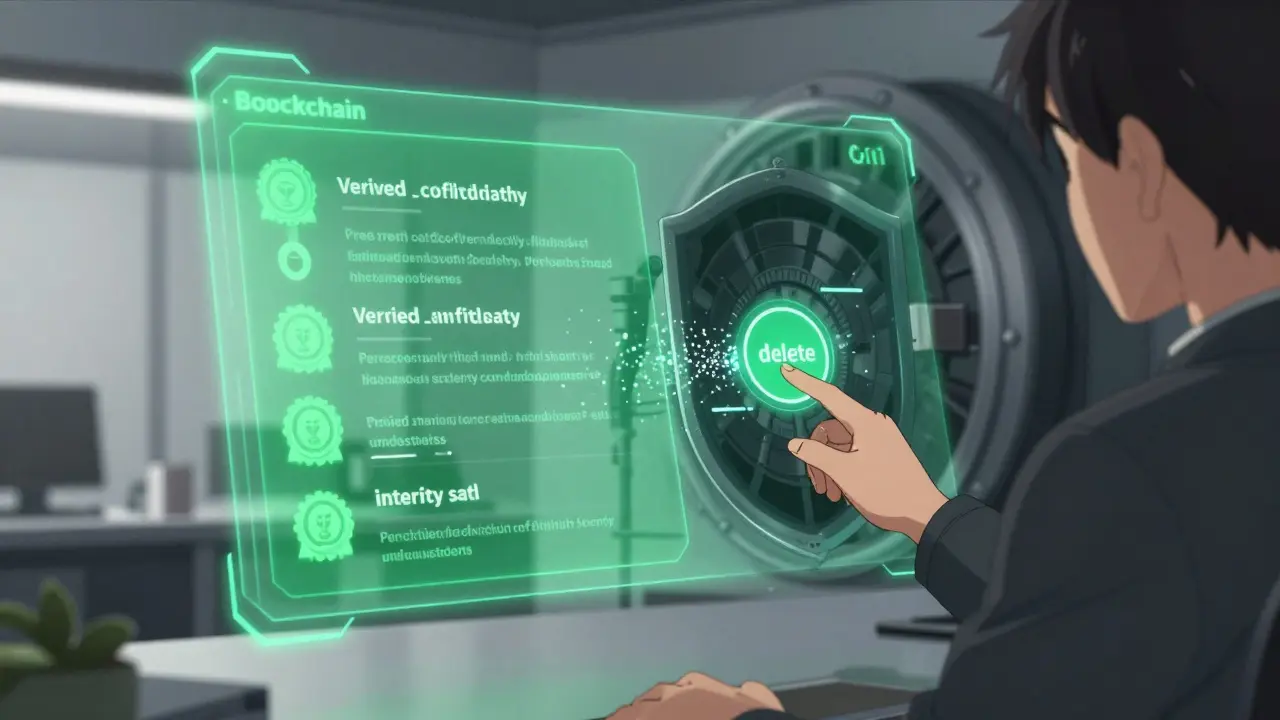 Ilustración anime de transparencia selectiva y cumplimiento RGPD en blockchain