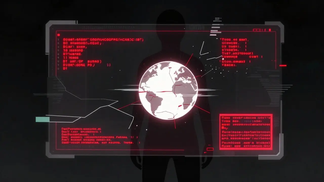 Interfaz digital rota y figura anónima en estilo anime