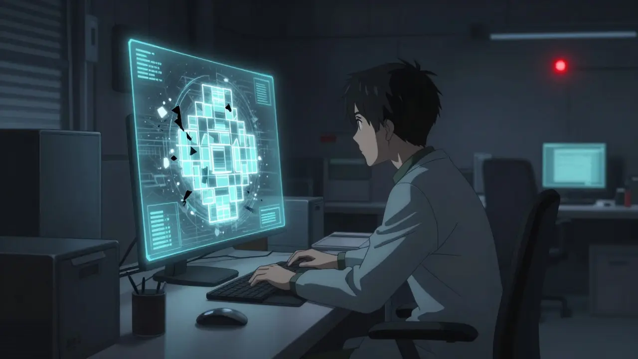 Investigador viendo la decadencia de una blockchain en estilo anime