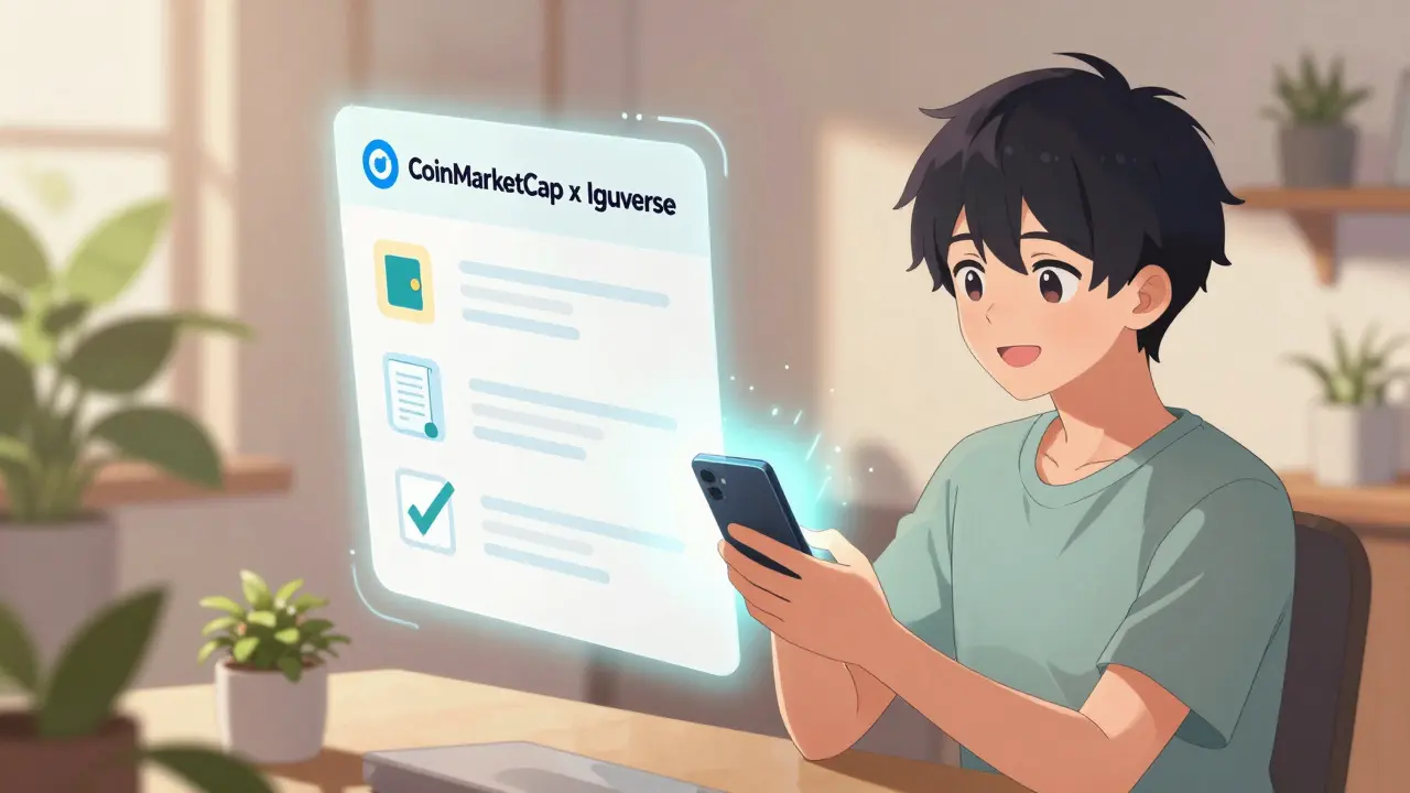 Joven verificando requisitos de airdrop con una lista flotante brillante