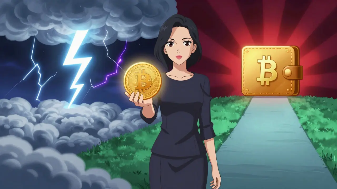 Locutora segura con moneda estable frente a volatilidad cripto