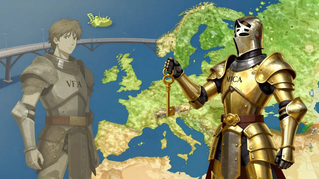 Metáfora visual: transición del marco VFA antiguo al nuevo estándar europeo MiCA