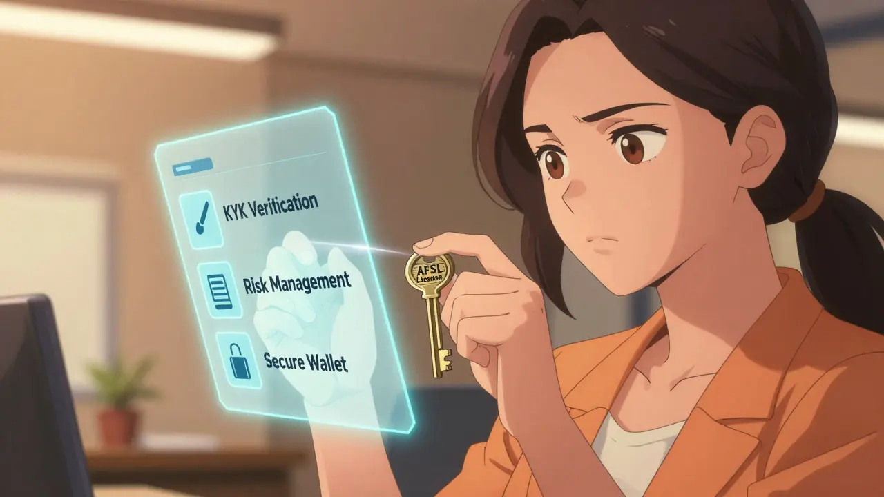 Mujer anime decidida sosteniendo una llave de licencia frente a una lista de verificación segura