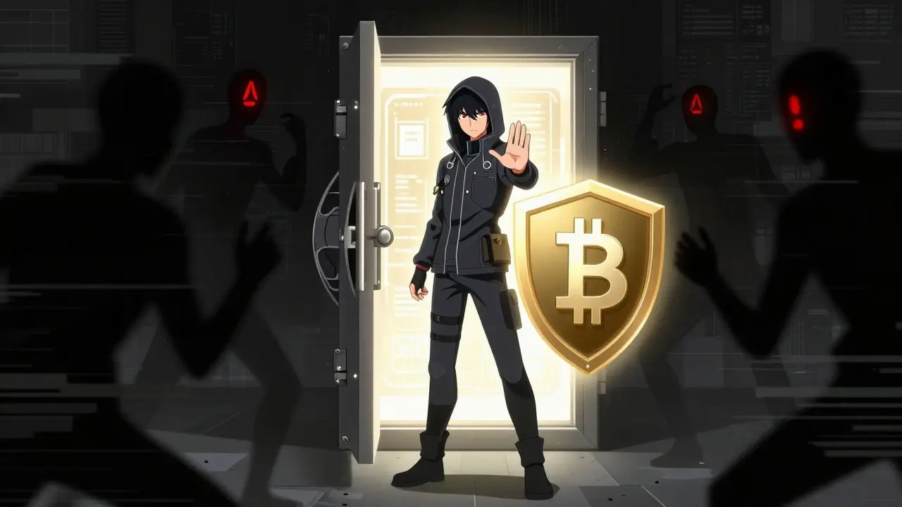 Personaje anime protegiendo su billetera contra amenazas digitales oscuras