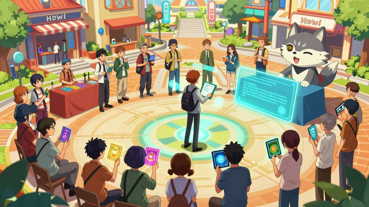Personajes de anime en una plaza virtual intercambiando NFTs y participando en gobernanza comunitaria